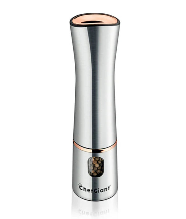 Silver pepper grinder with rose gold accents on a white background