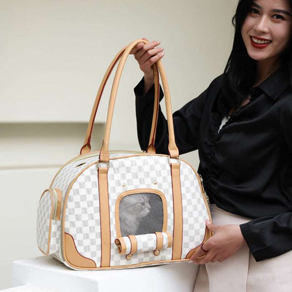 Checker Print Designer Pet Carrier with Pockets and Screen